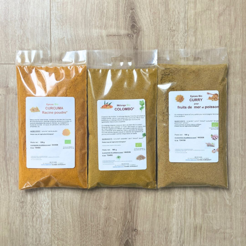 Lot épices dorées (curcuma, colombo et curry fruits de mer)